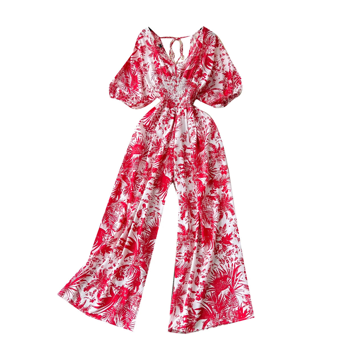 Combinaison en mousseline de soie fleurie style vacances en bord de mer pour femme avec taille haute, coupe slim et décontractée, jambe large flu