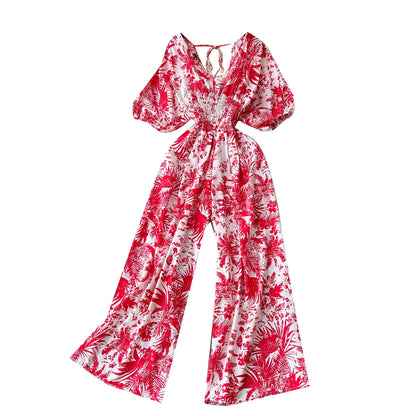 Combinaison en mousseline de soie fleurie style vacances en bord de mer pour femme avec taille haute, coupe slim et décontractée, jambe large flu