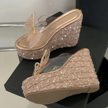 2025 New  Summer Fashion Bow Shining Sandals TPU Casual Slope Heel Slippers Ultra High Heels