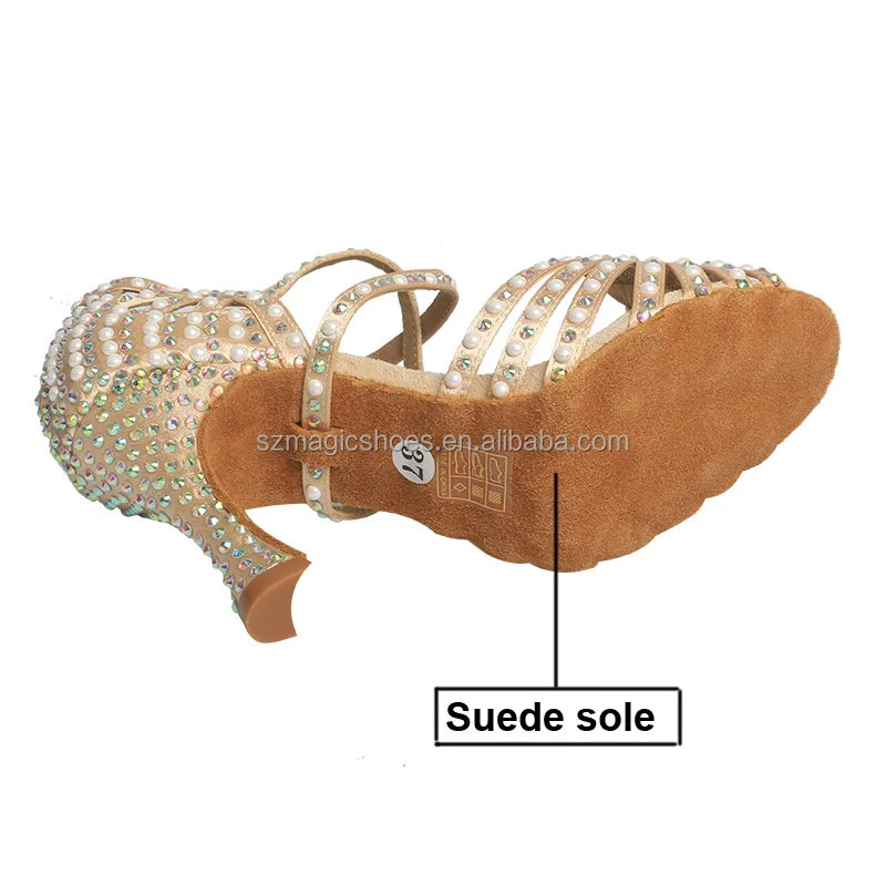 Chaussures de Danse Latine pour Femmes Strass Semelle Souple Chaussures de Salsa pour la Danse Sandales pour Femmes Talons de Mariage 9CM