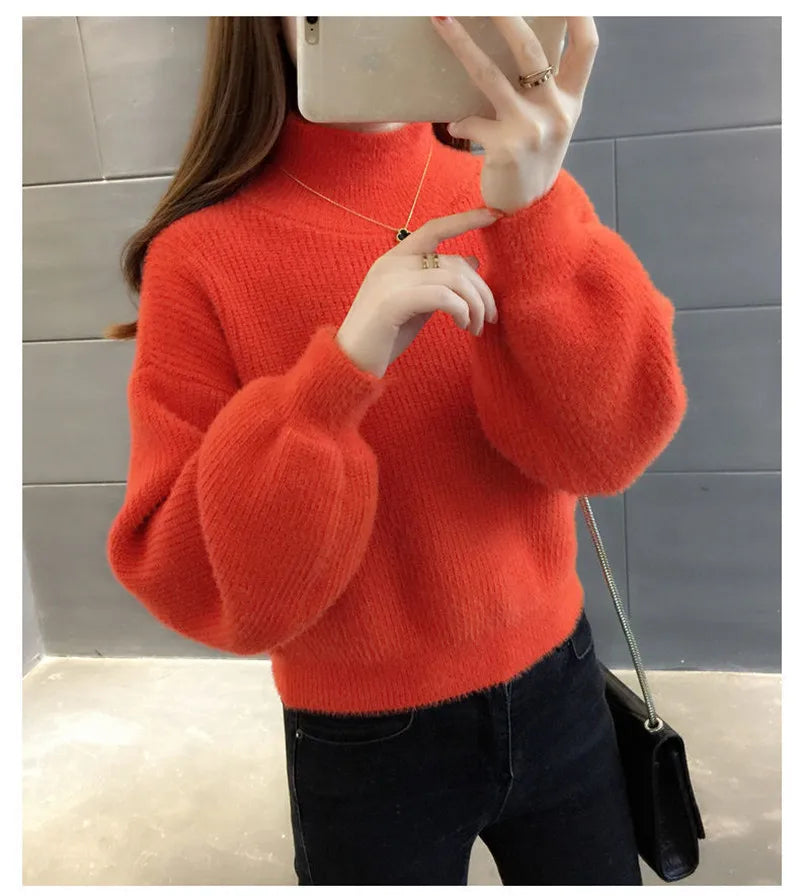 Autunno/Inverno Donna Maglione Pullover Nuovo Mezza Dolcevita Manica Lanterna Maglione Corto Imitazione Visone Pile Maglia Maglione Top
