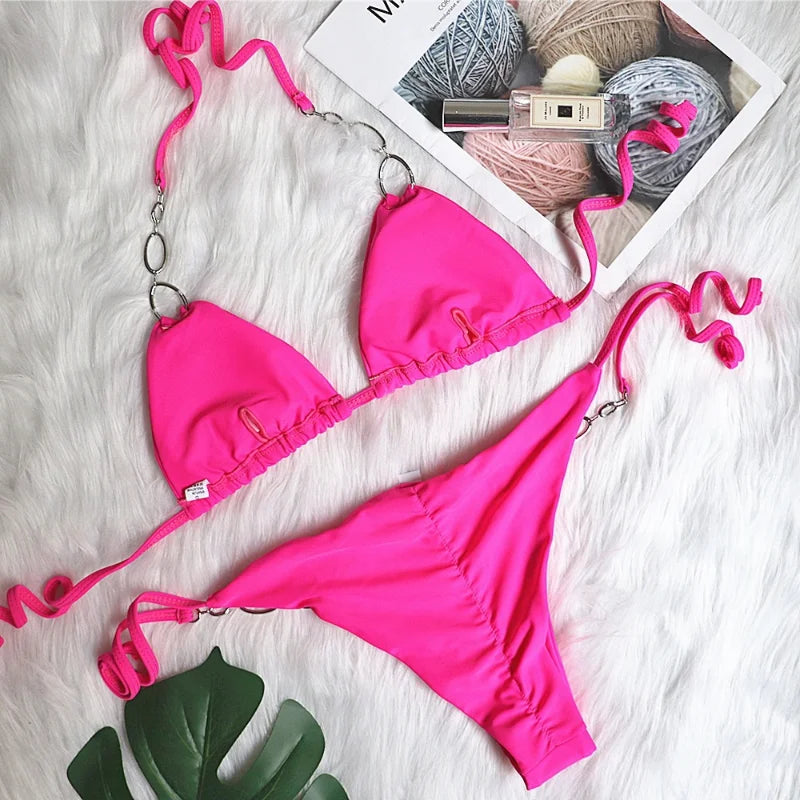 New Design Solid Color Halter Collar Sexy Metal Decorate  Bikinis Woman Swimwear Two Piece Bikini & Beachwear