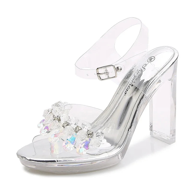 Fashion Women's Summer Open Toe PU Dress Sandals 11CM Black High Heels Waterproof Platform Flat Heeled Sexy Height Increasing