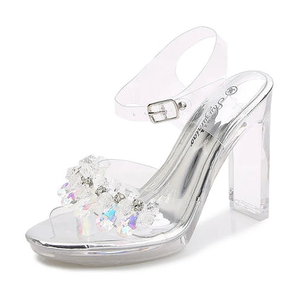 Fashion Women's Summer Open Toe PU Dress Sandals 11CM Black High Heels Waterproof Platform Flat Heeled Sexy Height Increasing