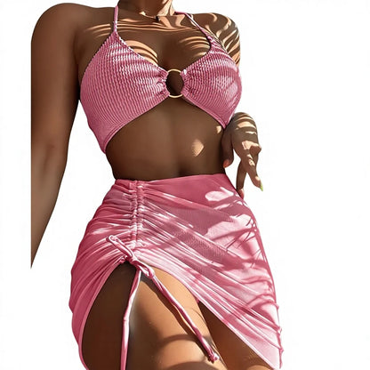 2023 New Sexy Solid Three-Piece Swimsuit Floral Pattern Mesh Bikini Set Spandex/Nylon Split Swimwear & Beachwear