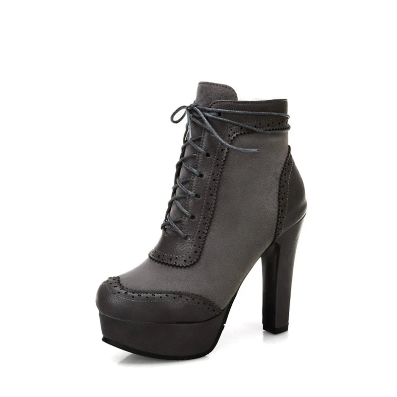 REAVE CAT Ankle Boots Lace Up Flock Platforms Round Toe Block Heel Short Plush Black Yellow Grey A4506