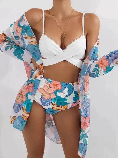 Swimwear Custom Plus Size Bathing Suit for Women 3 Pieces Swim Suit Halter High Waist Swimwear Pink Floral Bikini Set