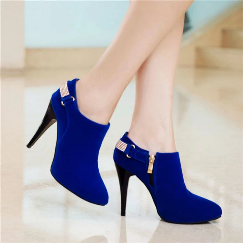 REAVE CAT Ankle Boots Pointed Toe Shoes women Sale Thin Heels Flock Suede Leather Rhinestone Big Size 31-50 Weeding Blue Black