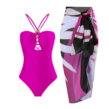 Sexy Bikini Set Women Luxury Beading Swimwear Hollow Out Swimsuit Two-pieces Halter Beachwear Bathing Suit With Cover up Skirt