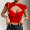 XS-L Round Necked Lace Diamond Sexy Hollow Top Steel Ring Fishbone Exposed Navel Short Top