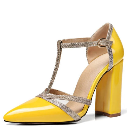 Big Size 47 Patent Leather Women Block High Heels Shoes for Evening Fetish Multi-colors Pointed Toe Pumps T-strap Sandals Ladies