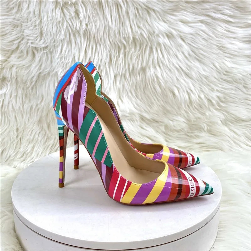 Luxury Women's  High Heels Graffiti Pointed Pump Design Mixed Colors Slip-On Closure Street Sandals for Summer