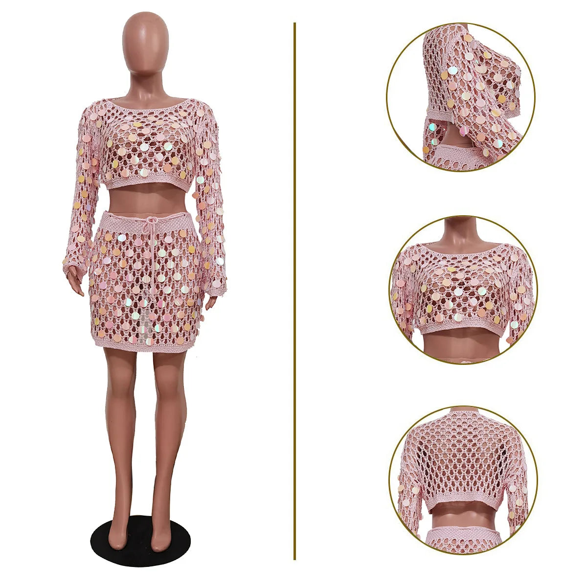 TS1294  2024 Neue Strandbekleidung Pailletten Bikini Set Damen Wickelrock Badeanzug Sexy Strandkleidung Hohl gestrickter Badeanzug