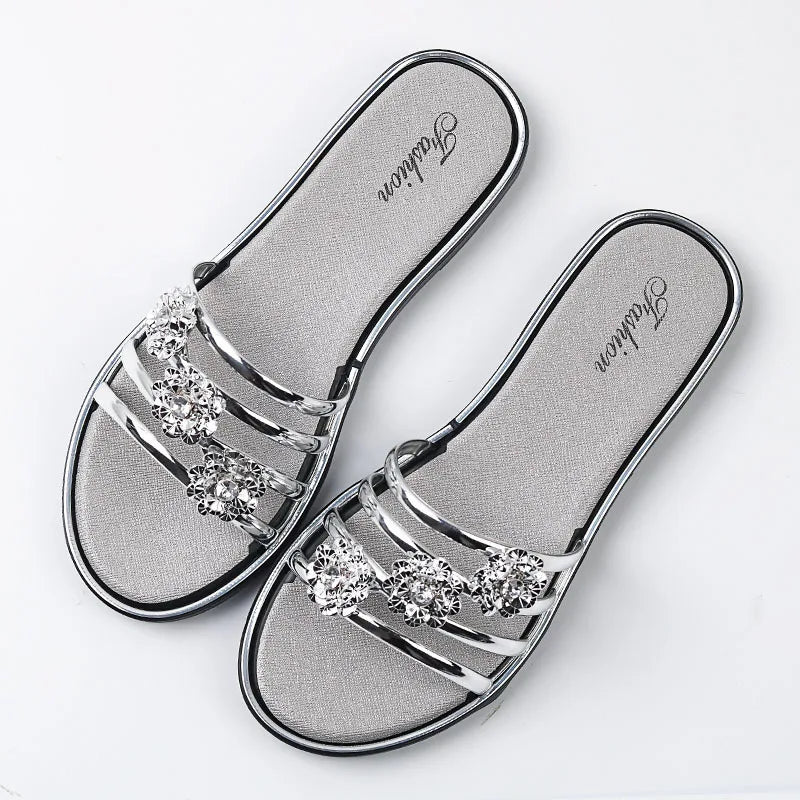 Tongs décontractées à strass fleurs pour l'extérieur, pantoufles, sandales d'été plates pour femmes, chaussures de plage