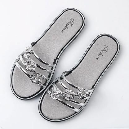 Tongs décontractées à strass fleurs pour l'extérieur, pantoufles, sandales d'été plates pour femmes, chaussures de plage