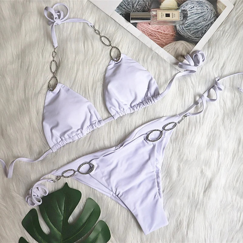 New Design Solid Color Halter Collar Sexy Metal Decorate  Bikinis Woman Swimwear Two Piece Bikini & Beachwear