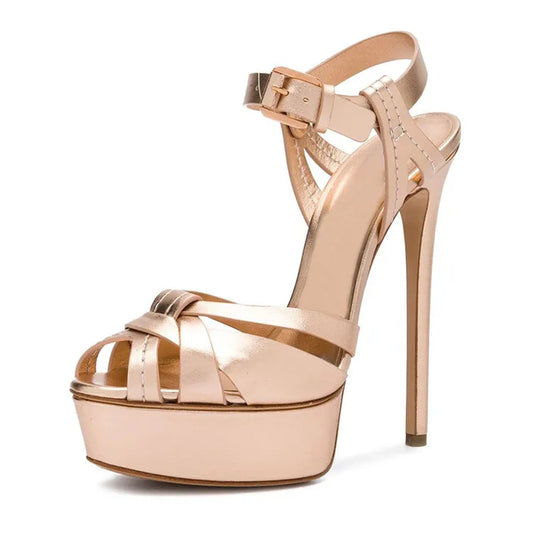 Sandales d'été sexy à lanières et à talons hauts compensés en cuir PU doré avec plateforme et bout ouvert