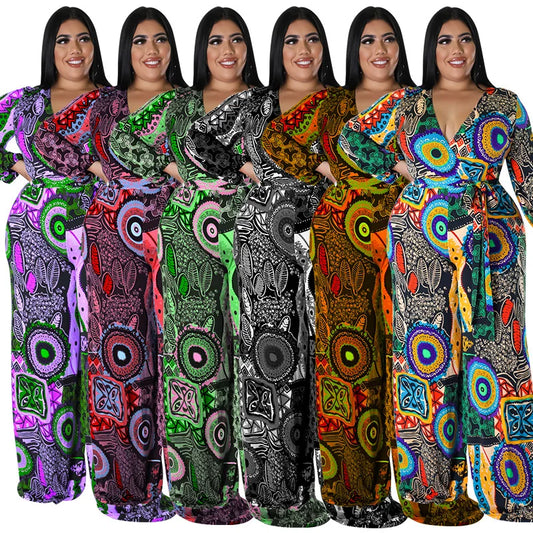 BH784 Trending Autumn Winter Women Plus Size Loose Fit High Street Print V-neck Full-Length 100% Polyester Jumpsuits Bodysuits