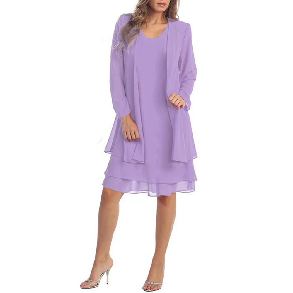 2 pezzi abito in chiffon set donna casual manica lunga cardigan solido abito elegante abiti da festa da sera da sposa abbigliamento abiti