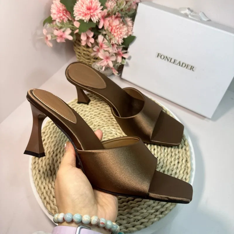 8CM Simple Style Women Slippers Silk Stiletto Heels Summer Outdoors High Heeled Sandals Comfortable Party Ladies Shoes Mules