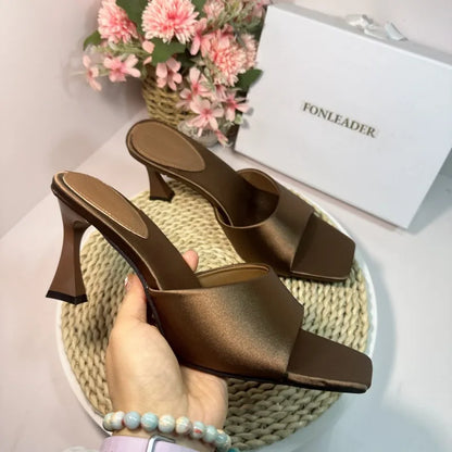 8CM Simple Style Women Slippers Silk Stiletto Heels Summer Outdoors High Heeled Sandals Comfortable Party Ladies Shoes Mules