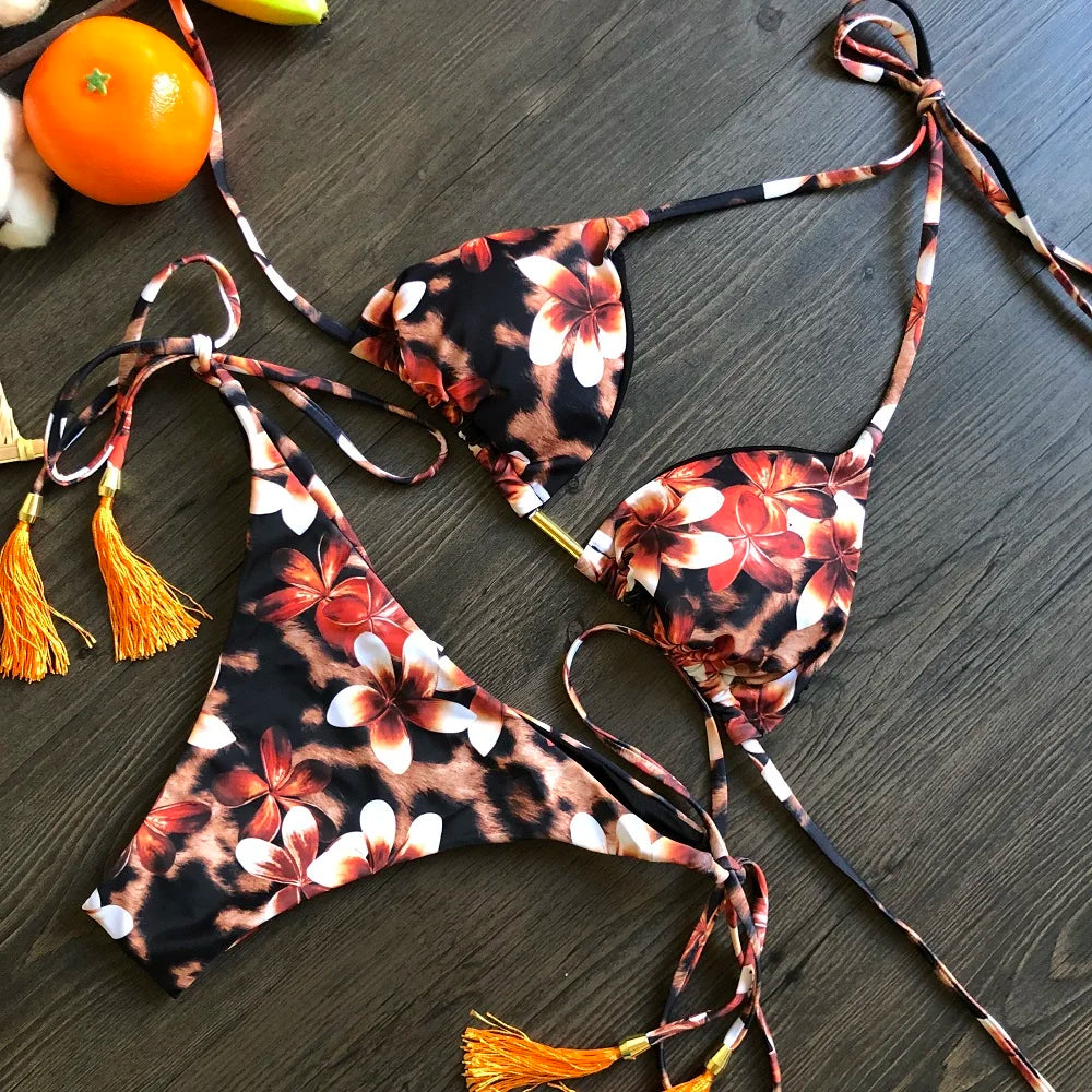 RUOTONGSEPT Sexy Micro Bikinis Set 2024 New Swimsuit Women Feather Print Bandage Swimwear Female Bathing Suit Brazilian Biquinis