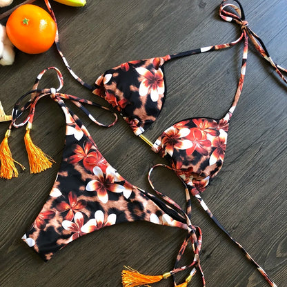 RUOTONGSEPT Sexy Micro Bikinis Set 2024 New Swimsuit Women Feather Print Bandage Swimwear Female Bathing Suit Brazilian Biquinis