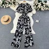 ANSZKTN Women's Summer Pant Set Short Sleeved Lattice Shirt Loose Wide-leg Trousers Printed High Waist Suit Jumpsuit