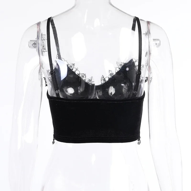 Top corto in velluto Mall Goth Top corto in pizzo nero Emo Top corto estetico alternativo Canottiere da donna con cinturino sexy senza schienale