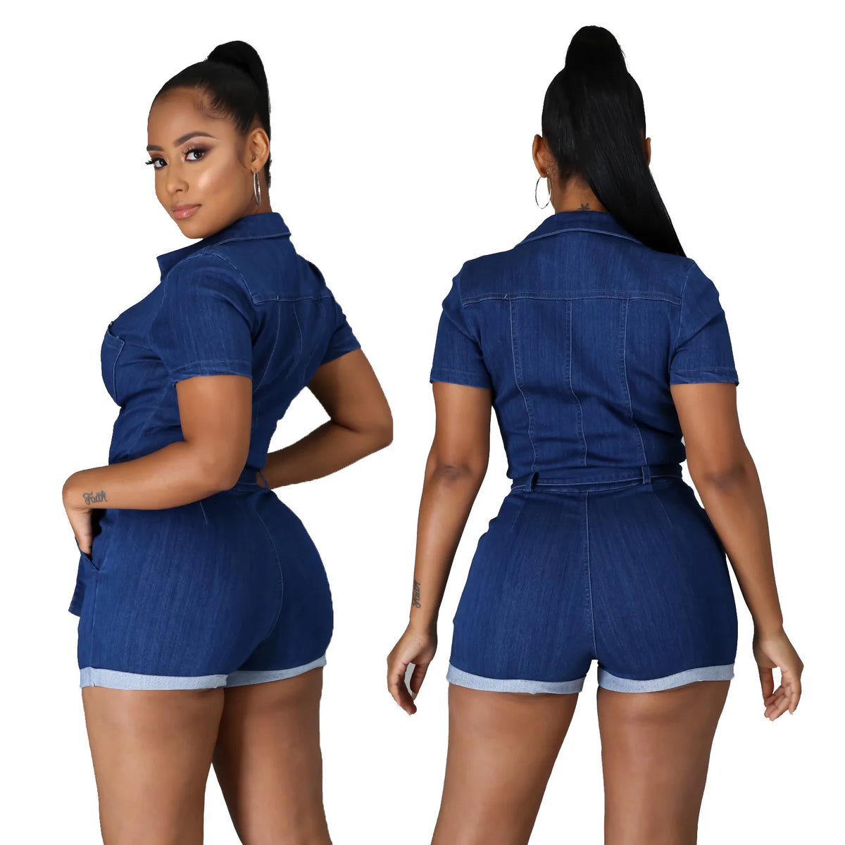 Combinaison décontractée d'été taille haute pour femme, fitness, denim respirant, jean, manches courtes, décoration patchwork, tricot