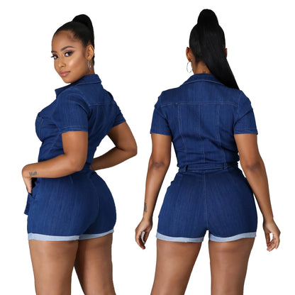Combinaison décontractée d'été taille haute pour femme, fitness, denim respirant, jean, manches courtes, décoration patchwork, tricot