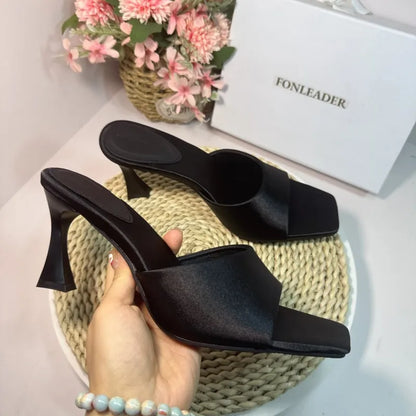 8CM Simple Style Women Slippers Silk Stiletto Heels Summer Outdoors High Heeled Sandals Comfortable Party Ladies Shoes Mules