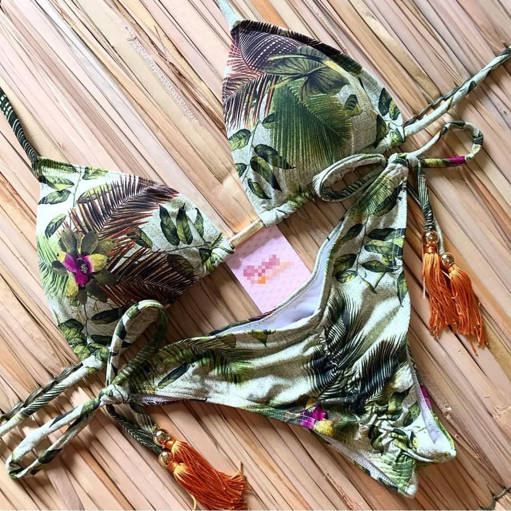 RUOTONGSEPT Sexy Micro Bikinis Set 2024 New Swimsuit Women Feather Print Bandage Swimwear Female Bathing Suit Brazilian Biquinis