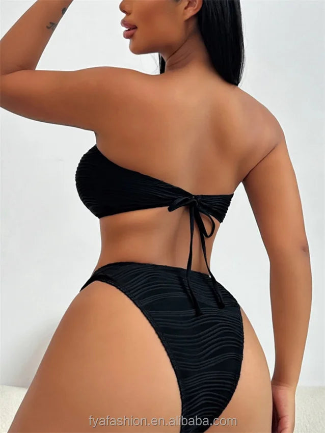 Custom Ribbed Metallic Bikini Tube Top Beachwear High Waist Bandeau Swimwear for Women 2024