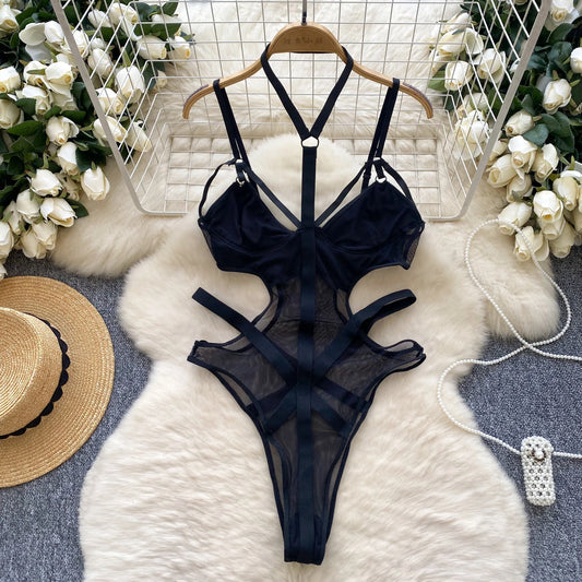Sommer Y2K V-Ausschnitt Jumpsuit für Damen Ärmellos Hohe Taille Ausgeschnittener Mesh Bodysuit Großhandel