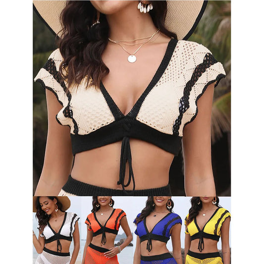 2024 Nouveau Design Femmes Été Crochet Col V Cache-maillot de plage Dames Maillot de bain creux Maillot de bain Bikini blanc Cache-maillot Tricots
