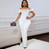 D523 Women's Sexy Tight Solid Color One Line Collar Ruffled off the Shoulder Short Sleeved Jumpsuit