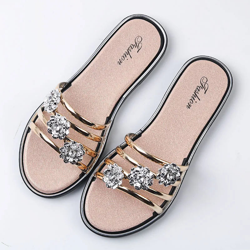 Tongs décontractées à strass fleurs pour l'extérieur, pantoufles, sandales d'été plates pour femmes, chaussures de plage