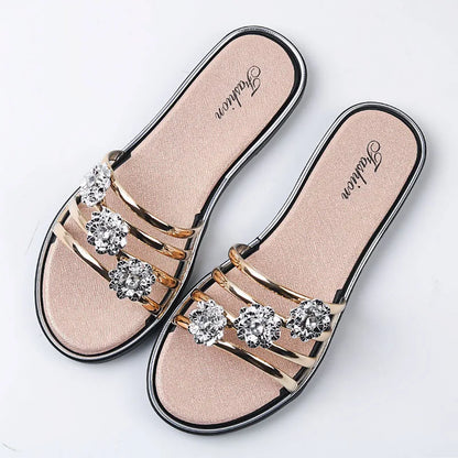 Tongs décontractées à strass fleurs pour l'extérieur, pantoufles, sandales d'été plates pour femmes, chaussures de plage