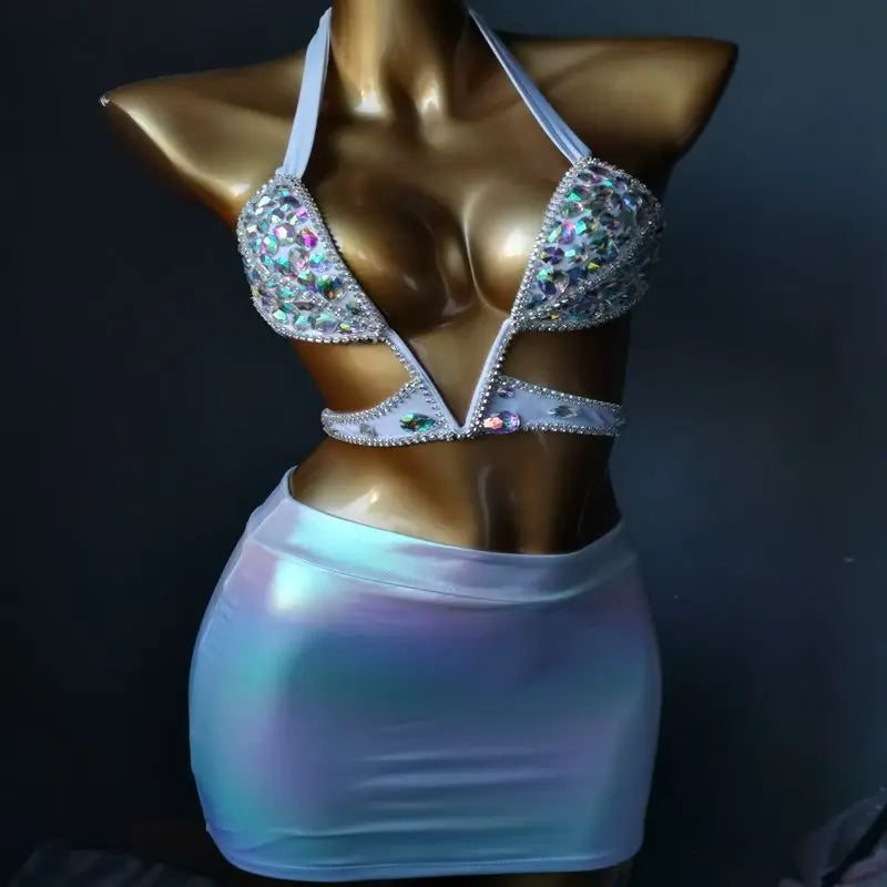 Damen Sexy Body Chain Kristall Diamant Bikini Strand Luxus Bademode Schmuck Crop Top BH für Nachtclub High Cut Bikini Set