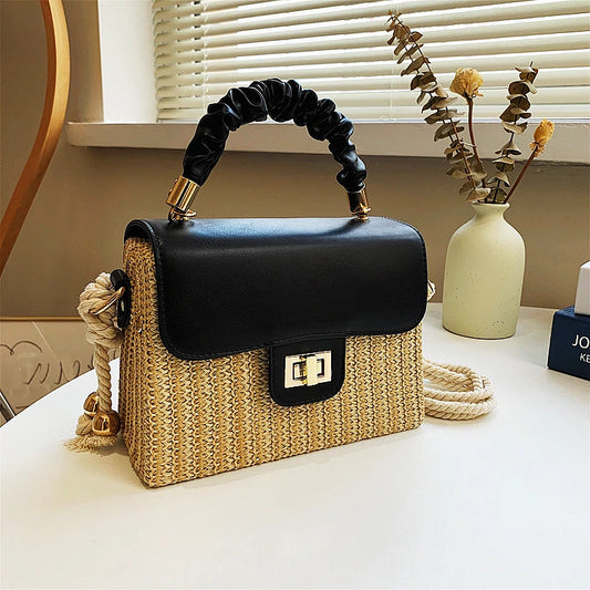 Borsa da spiaggia in paglia per donna 2021 Borsa estiva con manico pieghettato Borsa di design di lusso Borsa a tracolla in colore a contrasto e borsetta Lady Bolsos