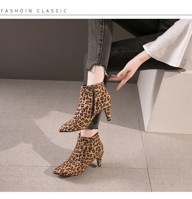 LazySeal 2025 New Luxury Leopard Women Boots Leather Winter Casual Shoes Hoof Heels Zip Pointed Toe Ankle Boots Big Size 43