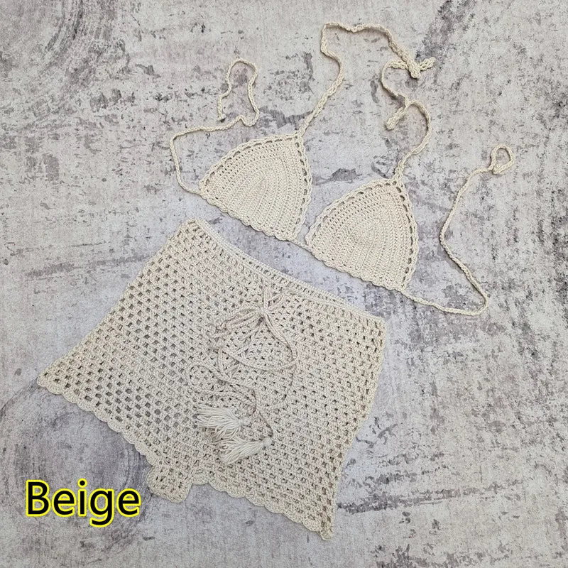 2024 Damen Sommer Sexy Handgemachtes Häkel-Bikini-Set Damen Urlaub Freizeit Strand Badeanzug Handgehäkelter Split Bikini BH Anzug Mädchen