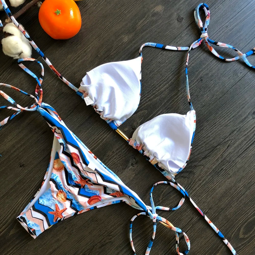RUOTONGSEPT Sexy Micro Bikinis Set 2024 New Swimsuit Women Feather Print Bandage Swimwear Female Bathing Suit Brazilian Biquinis