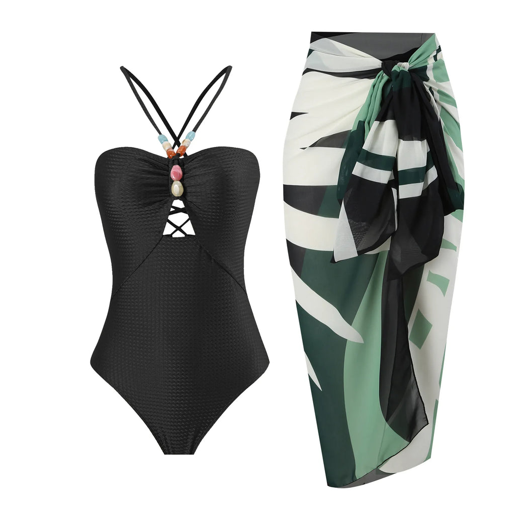 Sexy Bikini Set Women Luxury Beading Swimwear Hollow Out Swimsuit Two-pieces Halter Beachwear Bathing Suit With Cover up Skirt
