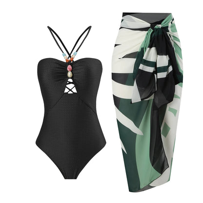 Sexy Bikini Set Women Luxury Beading Swimwear Hollow Out Swimsuit Two-pieces Halter Beachwear Bathing Suit With Cover up Skirt