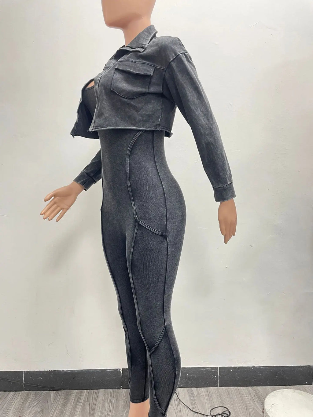 Wholesale Streetwear Two Piece Set Y2K Bodycon Acid Wash Jumpsuit With Jacket Light Washed 2 Piece Set Woman Jumpsuit
