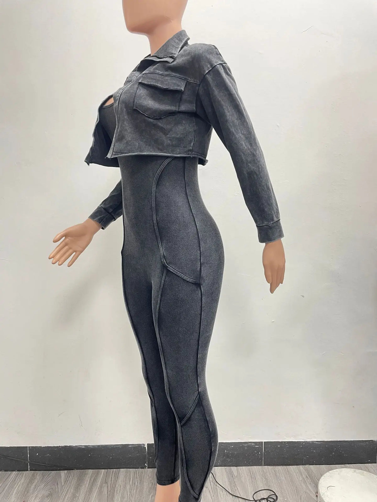 Wholesale Streetwear Two Piece Set Y2K Bodycon Acid Wash Jumpsuit With Jacket Light Washed 2 Piece Set Woman Jumpsuit
