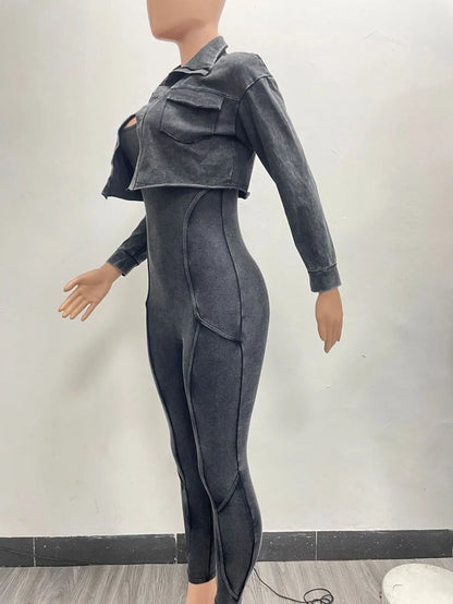 Wholesale Streetwear Two Piece Set Y2K Bodycon Acid Wash Jumpsuit With Jacket Light Washed 2 Piece Set Woman Jumpsuit