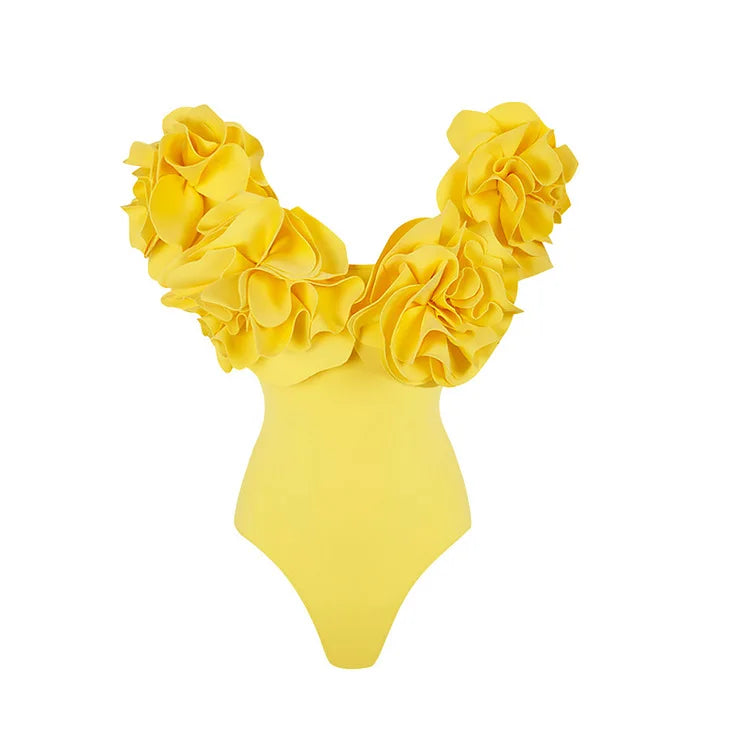 JSN 3D Blumentop-Bikini High-End Einfarbiger Einteiler Badeanzug Anzug für Damen Strandurlaub Anzug Rock Bademode